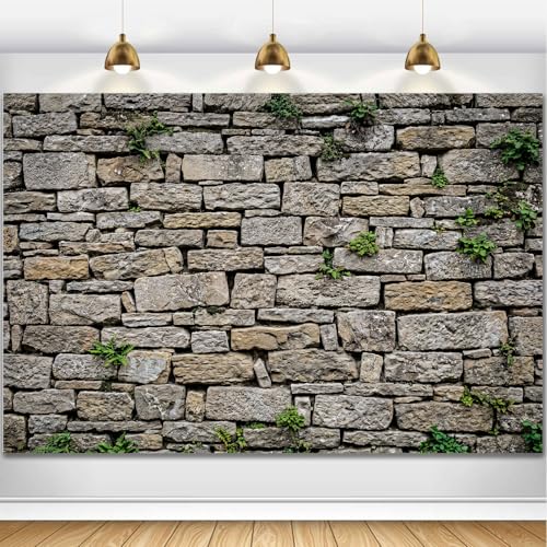 HANSHUAI Vintage Brick Stone Wall Backdrop Rock Brick Greenery Theme Party Photography Background Medieval Castle Stone Decoration Banner Portrait Photo Booth Studio Props 7x5ft FU0141YL