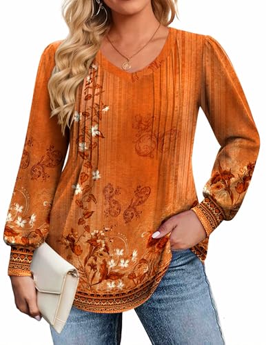 Image of IN'VOLAND Womens Plus Size Shirts V Neck Puff Long Sleeve Tops | Loose Fit, Dressy Casual Blouse, Pleated, Fall Outfits, Business Work TShirts, Basic Tees