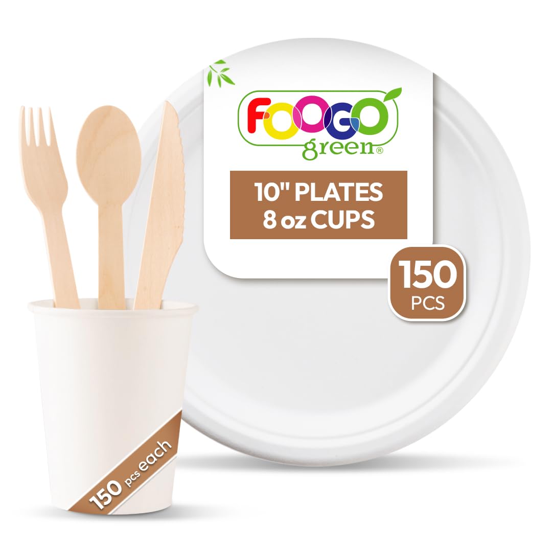 FOOGO Green 750pcs Disposable Sugarcane Fibre Paper Plates, Cups and Wooden Cutlery Set, FSC® Certified, Large Round Plates, Cups, Forks, Knives, Spoons, Strong Paper