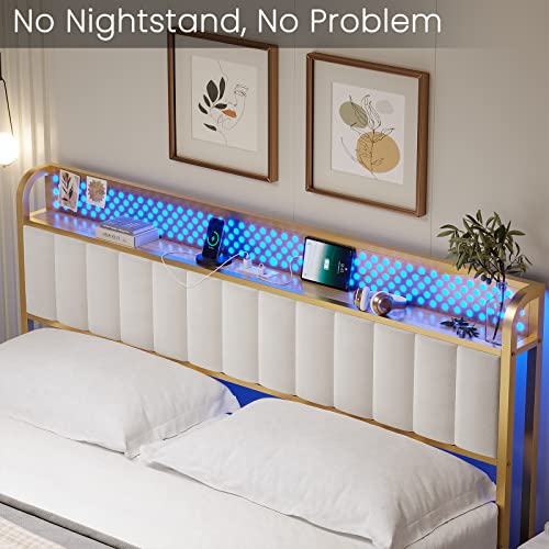 Bthfst King Bed Frame With Led Light Headboard, Usb Ports & Outlets, Upholstered King Platform Bed Frame, Sturdy Bed Foundation, Upgraded 2-Row Middle Beams, Creamy White & Gold #TOP3