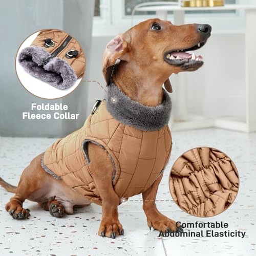 JoyDaog Warmer Fleece-Hundemantel mit strapazierfähigem Geschirr und D-Ring, wasserdichte Welpenjacke für kleine Hunde, Hundeweste für den kalten Winter, brüniertes Khaki, Größe M