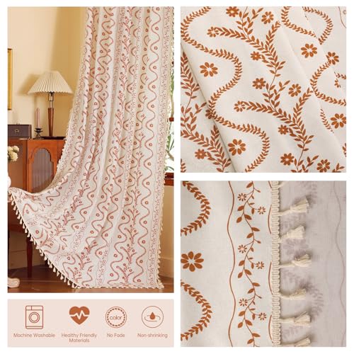 Image of Short Cafe Curtains for Small Window 45 Inch 2 Panels,Beige Floral Terracotta Boho Kitchen Curtain,Mid Century Bedroom Drapes with Tassel Decor,Beige and Rust Orange