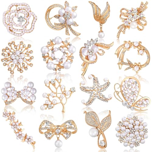 Image of Sasylvia 16 Pcs Women Brooch Set Rhinestone Vintage Animal Insect Plant Pins Brooches Bulk for Christmas Women Girls Gifts