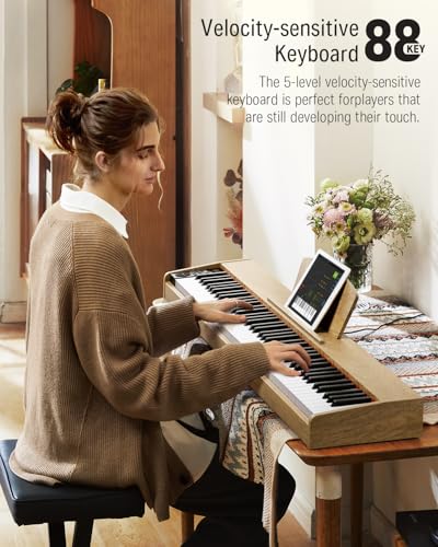 Image of Donner DEP-1S Piano Keyboard 88 Keys, Beginner Digital Piano with 88 Key Velocity-Sensitive Keyboard, Record, Bluetooth, Chord, Bundle With Piano Stand, Piano Stickers, Sustain Pedal, Natural