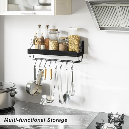 Love-KANKEI Wall Mounted Wine Rack, 17inch Wine Glass Rack Floating Shelf with Stemware Hanger, Wood Wall Shelf Wine Display Storage for Kitchen, Dinning Room, Home Bar, Living Room etc, Pitch Black by Love-KANKEI - Image 7