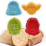 Juego de 4 cortadores de galletas 3D de Star Wars, cortadores de galletas, moldes de plástico para galletas con eyector para hornear moldes galletas sándwiches fondant pan decoración pasteles
