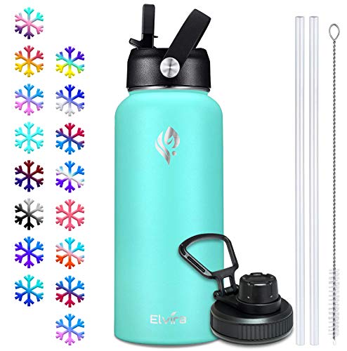 Elvira 32oz Vacuum Insulated Stainless Steel Water Bottle with Straw Spout Lids Double Wall Sweat-proof BPA Free to Keep Beverages Cold For 24 Hrs or Hot For 12 Hrs-Mint Green