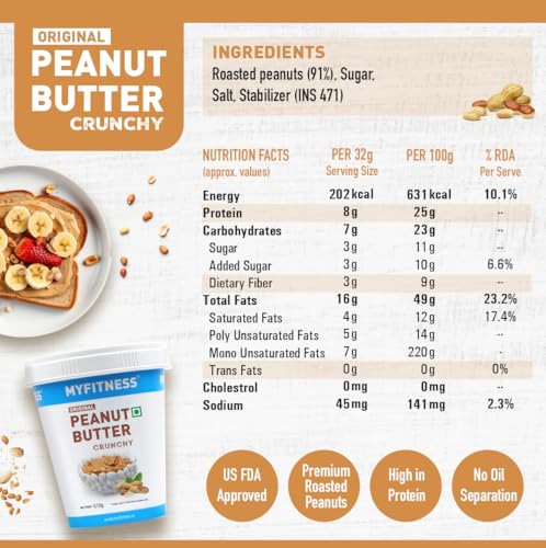 Image of MYFITNESS Original Classic Peanut Butter Crunchy 510g | 25g Protein to Boost Energy | Tasty & Healthy Nut Butter Spread | Vegan | Cholesterol Free, Gluten Free | Zero Trans Fat | Peanut Butter Crunchy