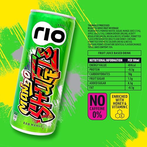 Image of Rio Raw Mango Bubbly Fruit Drink Can | Soft Drink | Exotic Fruit Juice + Fizz | Rich In Vitamin C and Honey | Pack of 12 | 250 ml