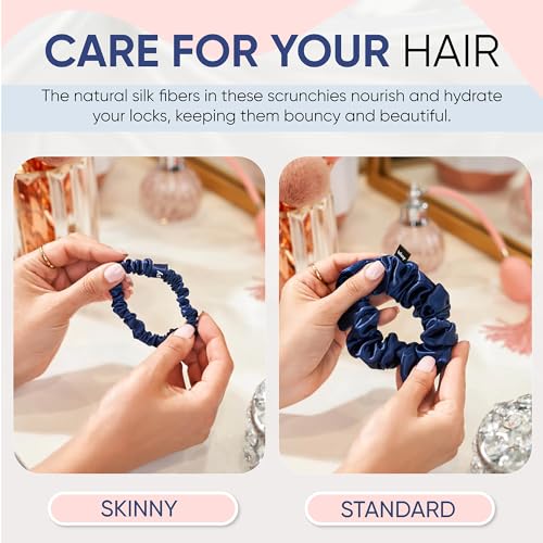 Image of Blissy Silk Scrunchies (3 Pack) - 100% Pure Mulberry Silk - 22 Momme 6A High-Grade Fibers Scrunchie for Straight & Curly Hair - Preventing Breakage, Tangling, & Creasing (Blue Skinny)
