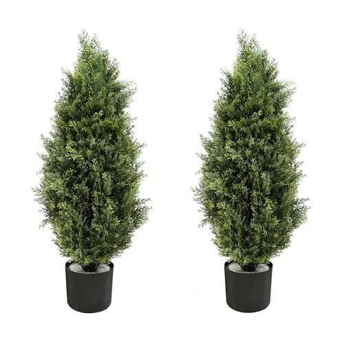 Synthetic Topiary Cedar Bushes 3ft, 2 pk – Out of doors Indoor Fake Pine Shrubs Vegetation, Reasonable Pretend Vegetation Entrance Porch Decor, Synthetic Bushes Cypress for House Entrance Door Places of work
