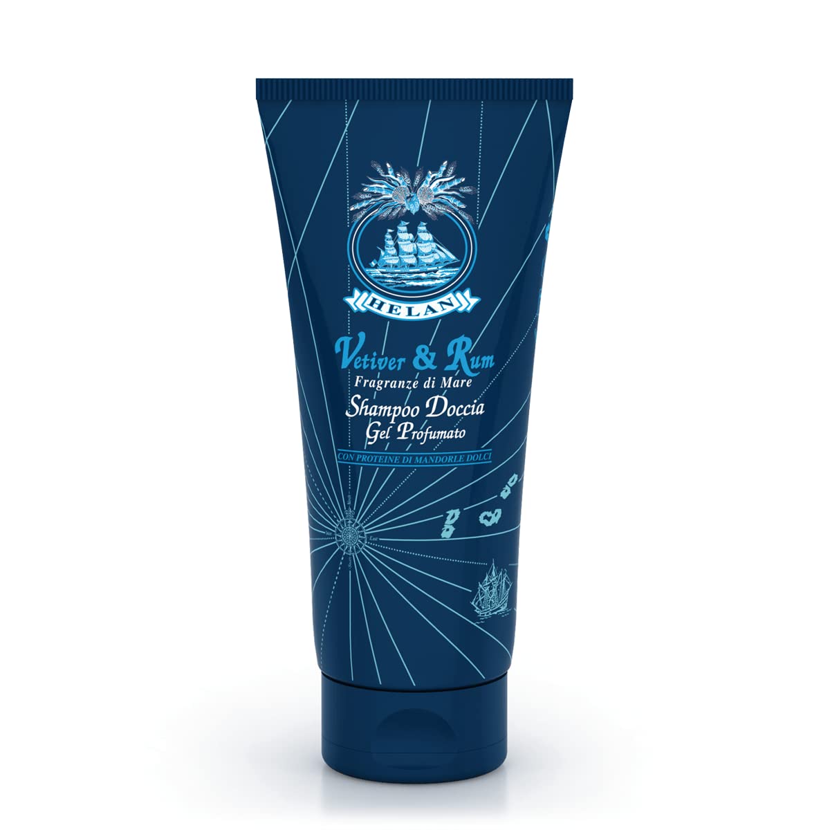 Helan Vetiver & Rum - Mens Body Wash & Shampoo for Sensitive Skin, Gentle and Natural Shower Gel for Body and Hair with Sweet Almond Proteins, Scented and Ideal for Frequent Use Made in Italy 200fl oz