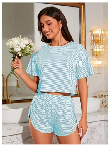 Image of OYOANGLE 2 Pack Pajama for Woman Set Summer Cute PJ Sets Striped Short Sleeve Tshirt and Split Shorts Lounge Set