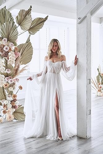 Strapless Prom Dress Long Bell Sleeve Sheer Corset Top A Line Tulle Wedding Dresses for Bride Evening Gowns2