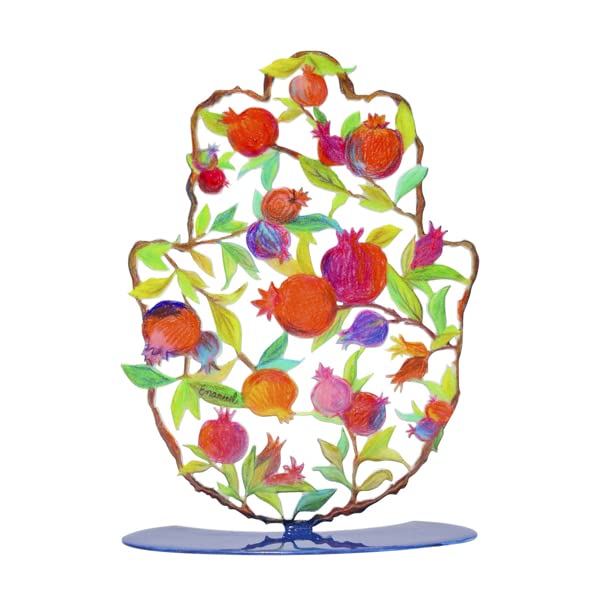 EMANUEL Yair Small Standing Hamsa Hand Amulet 4 inch | Colorful Good Luck Charm | Hamsah Stand Home Blessing | Judaica Art Gift (Painted Pomegranates SHG-18)