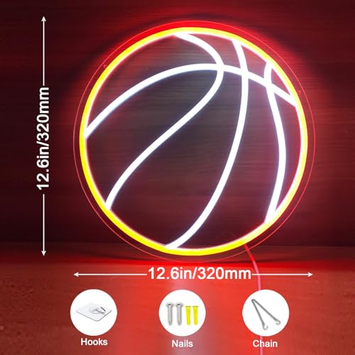 Image of Basketball Neon Sign, 12.6 inchx12.6 inch Basketball Led Neon Light for Wall Decor, Powered by USB with Dimmable Switch, Wall Decor Aesthetic for Room Bedroom, Sports Decor