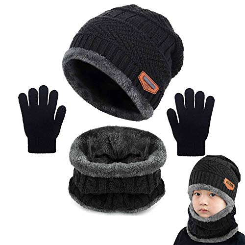 CheChury Niños Sombrero Caliente de Punto y Bufanda Guantes Tubular con Forro de Lana Niña Invierno Calentar Gorro Bufanda Sombrero Bufandas Set Tejido Gorro Punto Regalos de Invierno (Negro)