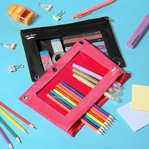 Image of Mr. Pen- Pencil Pouch for 3 Ring Binder, 2 Pack, 10 inchx6.75 inch, Smooth Zipper | Clear Window, Large Capacity Pencil Case with 3 Reinforced Grommets for School, Office, Supplies Storage | Clear Window, Large Capacity Pencil Case with 3 Reinforced Grommets for School, Office, Supplies Storage