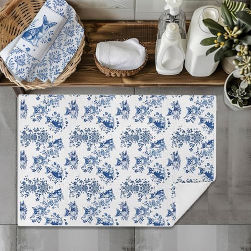 Image of Chinoiserie Chihuahua Kitchen & Hand Towels Set of 2, Blue and White Floral Dog Dish & Tea Towels for Kitchen Bathroom Decor, Vintage Toile Dog Lover Gifts for Women 16x24 Inch