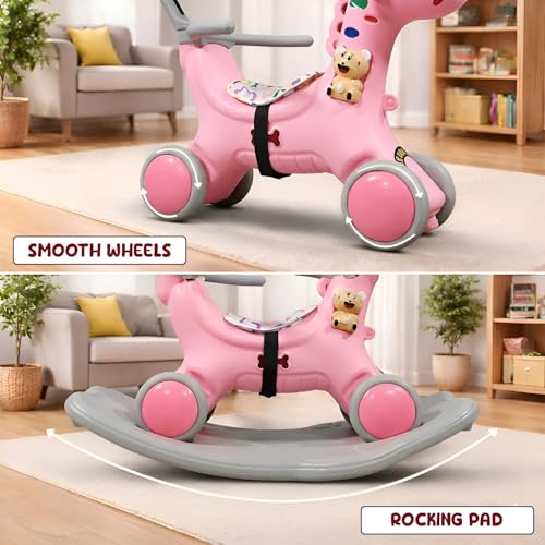 Image of 3 in 1 Push Ride On Rocker Horse for Kids with Parent Handle & Safety Belt, Convertible Rocking Horse to Ride On Toy, Non Toxic Plastic Baby Rider for 1 to 5 Years Boys & Girls (Pink)