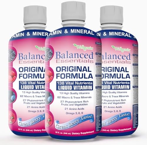 Wellgenix Balanced Essentials Plus New Formula – Liquid Vitamin – Complete Multivitamin Supplement – 1oz Daily – Immune Boosting & Overall Health – Adults, Kids, Toddlers – Berry Flavor 32oz (3)