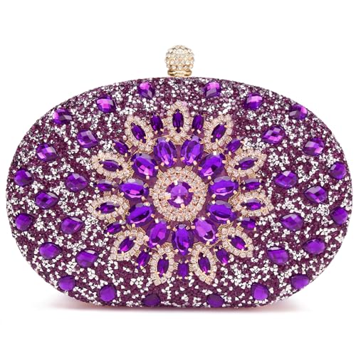 Beaguful Womens Evening Bags Sparkly Rhinestone Clutch Purses Luxury Handbags Oval Dark Purple