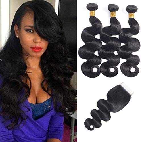 Brazilian Body Wave 3 Bundles with Closure 100% Unprossced Brazilian Virgin Human Hair Extensions Body Wave Weave Weft with Free Part Lace Closure Natural Color