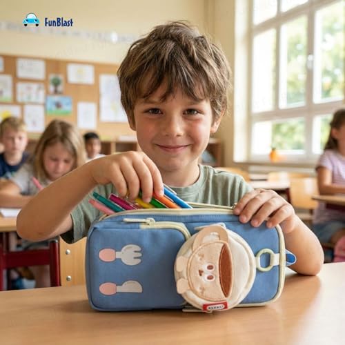 Image of FunBlast Pencil Pouch for Kids, Girls - Large Capacity Multipurpose Stationery Zipper Pouch with Coin Pouch for Kids & Adults, Kawaii Aesthetic Pencil Case Organizer, Cute School Supply Bag (Blue)