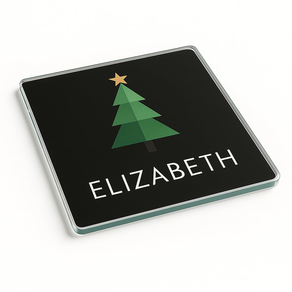 The Plum Penguin Elegant Tree Glow Personalised Acrylic Coaster Place Setting Gift - Design With Geometric Christmas Tree, Modern Holiday Home Decor