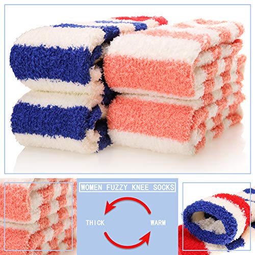 Dosmart Womens Over Knee High Fuzzy Socks Soft Warm Thigh High Striped Stockings Cozy Slipper Fleece Winter Long Socks (2 Pairs Striped) #TOP2