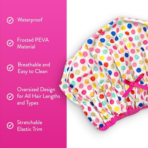 Reusable Bath & Shower Cap Lined, Oversized Waterproof Shower Caps Large Designed for all Hair Lengths with PEVA Lining & Elastic Band Stretch Hem Hair Hat - Fashionista Deco Dots - Image 4