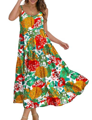 Image of YESNO Summer Bohemian Floral Dresses for Women Spaghetti Straps Maxi Dress Casual Flowy Dresses with Pockets ES0
