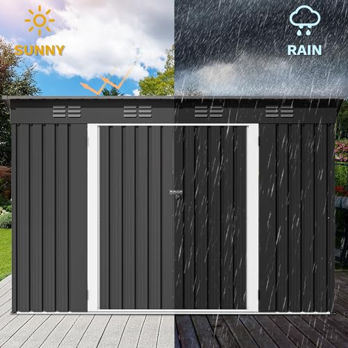 Image of DWVO 9x4ft Metal Outdoor Storage Shed with Window, Lockable Tool Storage Sheds, Oversized Steel Garden Sheds with Sloped Roof for Backyard, Patio, Garage, Lawn, Dark Gray
