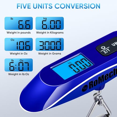 ROMECH Luggage Scale with Backlit, Portable Digital Suitcase Weight Scale, 110lbs Load with Hook, Travel Essentials for Hanging Baggage (Battery Included, Blue)3