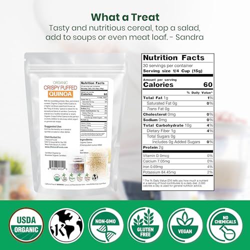 Z Natural Foods Organic Crispy Puffed Quinoa - Real Crisped Quinoa Vegan Superfood - Healthy Quinoa Crisps Snacks for Adults & Kids - Crispy Quinoa Puffs for Baking, Snacks, Yogurts, Gluten-Free, 1 lb