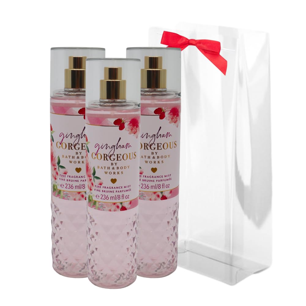 Bath & Body Works GINGHAM GORGEOUS Fine Fragrance Mist 8 fl oz – 3 pack Gift Set with a Red Bow for Holiday