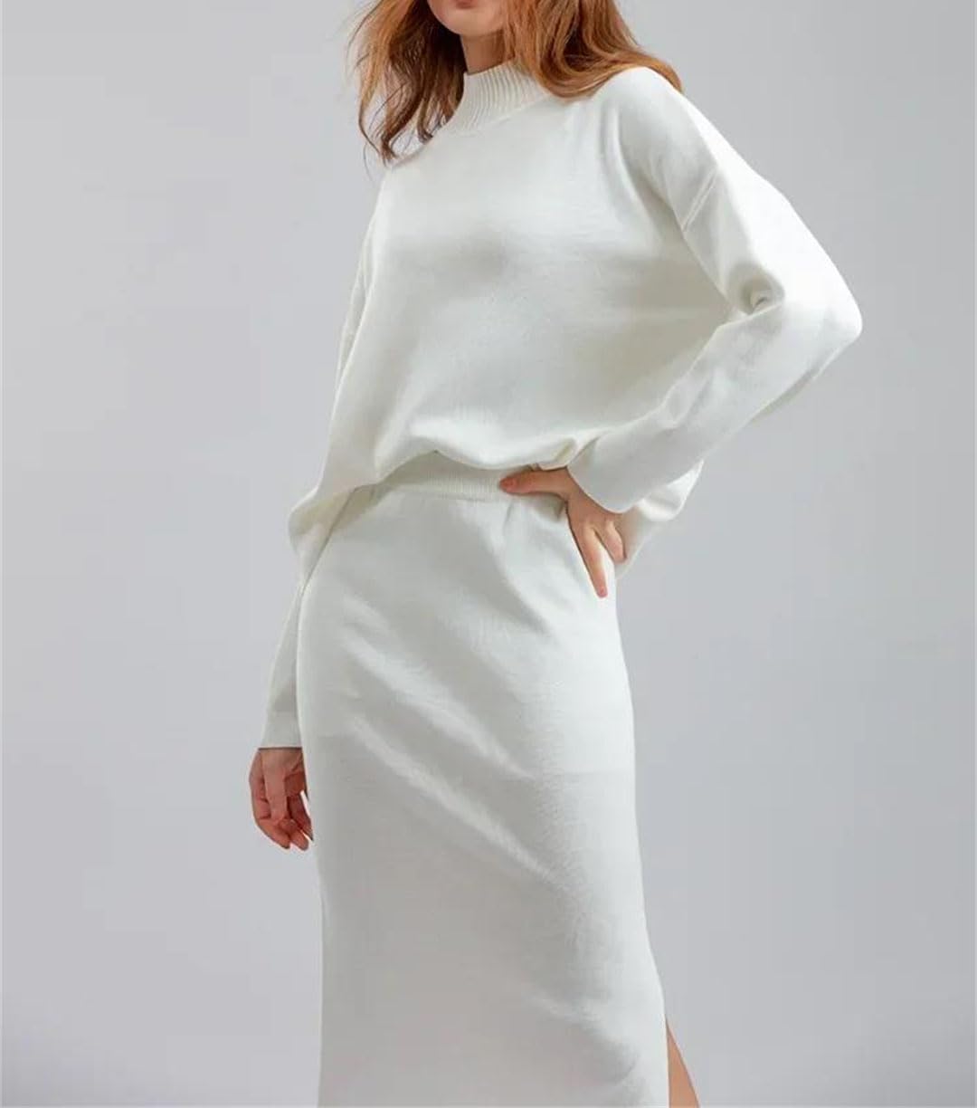 Women Split Knitted Skirt Suit Loose Sweater Long Skirts 2 Piece Set Elegant Winter