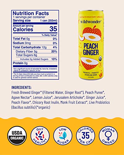 Wildwonder Sparkling Probiotic Juice Drink W/Gut Health Immunity & Digestion Support, 5G Fiber & Live Probiotics, Caffeine Free, Organic, Vegan, Low Sugar & Calorie, 12Pk 12Oz Can Bundlen #TOP2