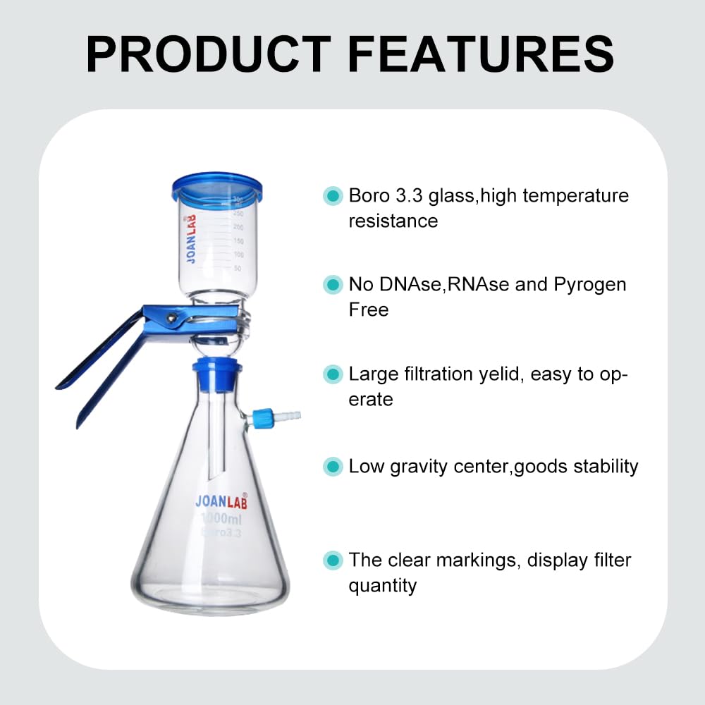 JOANLAB Appareil de filtration sous vide et de distillation en verre pour laboratoire, flacon filtrant de 1000ml, appareil d'aspiration gradué pour le filtrage en laboratoire