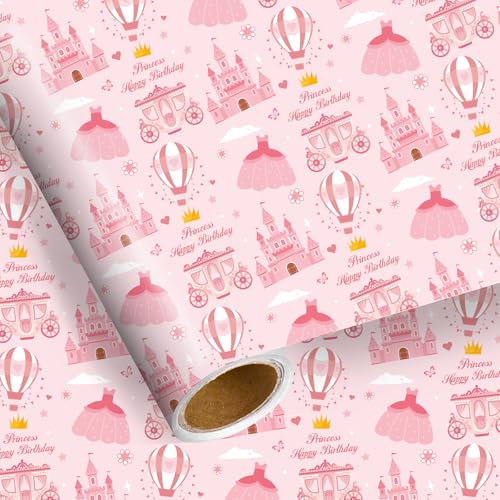 Pineraap Princess Castle Birthday Wrapping Paper Roll for Girls, Pink Princess Wrapping Paper with Crown Carriage Hot Air Balloon Design for Baby Shower Holiday Party Decor, 17 Inch x 16.4 Feet