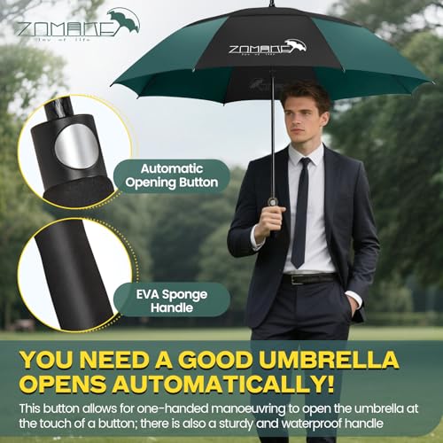 ZOMAKE Regenschirm Groß Sturmfest,XL Großer Golf Umbrella Sturmfest Automatik,Schirm Windfest Schwarz für 2 Personen,Golfschirm Stabil für Herren Damen Familie(Schwarz&Dunkelgrün)