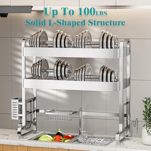 Image of HOWDIA 3-Tier Over The Sink Dish Drying Rack, 304 Stainless Steel Dish Rack with Honeycomb Design, Cutlery Holder & Chopping Board Rack, 33.86 inch x 11.81 inch x 33.07 inch for Maximum Kitchen Storage