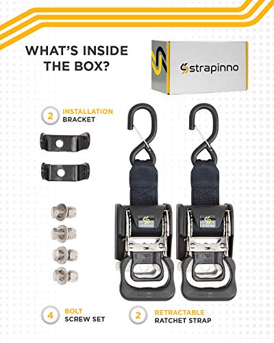 Strapinno 2Pcs Stainless Steel Retractable Ratchet Straps (1 7/8 In X 4 Ft) Transom Tie-Downs For Boat Trailer - Extra Mounting Brackets & Bolt Set, Safety Latch S-Hook, Break Strength 1,650Lbs/750Kg #TOP1