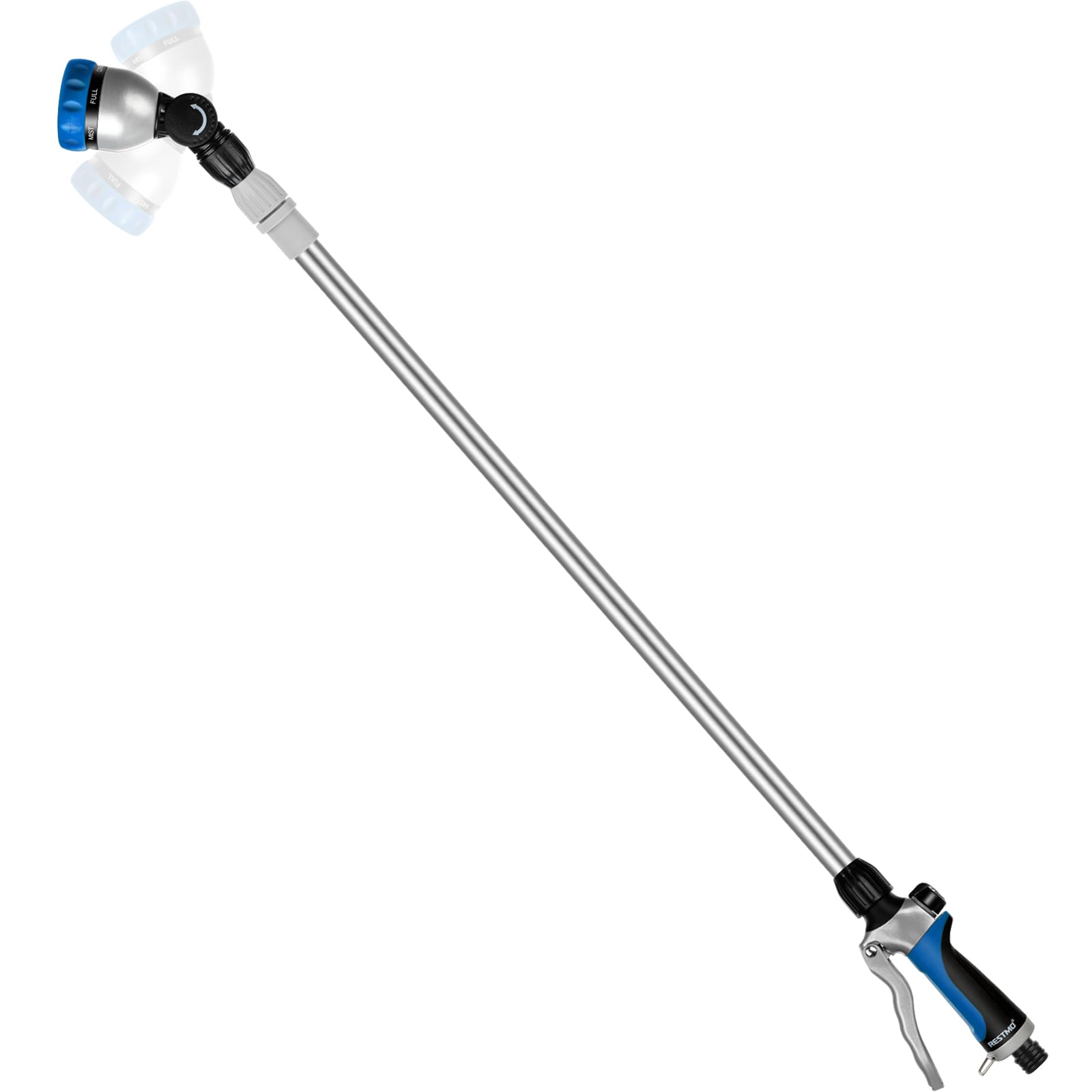RESTMO Langer Teleskop Gießstab 92-152 cm, Lang Gartenbrause Metall mit 180° schwenkbaren Kopf, 7 Sprühmustern, Durchflusskontrolle, Bewässerung Zauberstab zum Blumenampeln und Sträucher, Blau