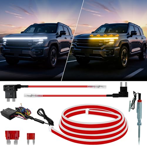 Sequential Dynamic Scan LED Hood Light Strip for Cars Dual Color White DRL with Amber Turn Signal Flexible Cuttable IP68 Waterproof Exterior LED Light for Trucks SUVs Vans 79inch 12V 1 Set