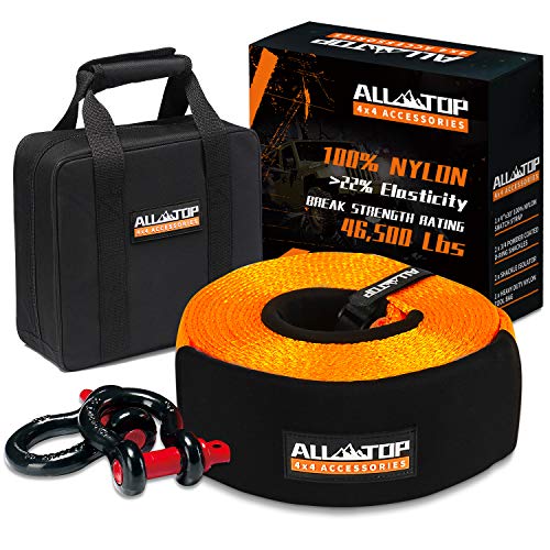ALL-TOP Extreme Duty Nylon Tow Strap Recovery Kit : 4  x 30  (46,500 lbs) 100% Nylon and 22% Elongation Snatch Strap + 3 4 D Ring Shackles (2pcs) + Storage Bag. A Must-Have KIT
