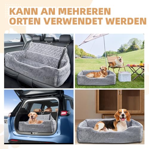 autozen Hunde Autositz für mittlerer große Hunde, Abnehmbarer Hundesitz Auto bis zu 54kg mit 2 Sicherheitsleinen, Waschbarer Hundebett Auto für den Rücksitz, Grau
