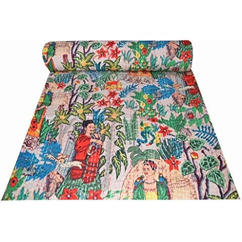 Majisacraft Indian Handmade Cotton Floral Print Bedspread Throw Blanket Frida Kahlo Kantha Quilt Bedding Queen Size 90 X 108 Inch Approx (Light Pink) Cover