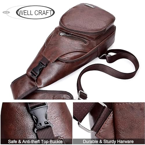 Peicees Pack of 2 Medium Leather Sling Bag Mens Crossbody Bag Chest Bag Sling Backpack for Men with USB Charge Port, Dark Brown&Black3
