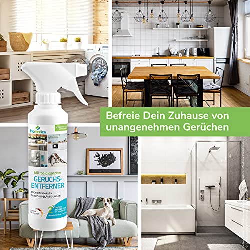 HOMEDICA Geruchsentferner Spray 250ml - Vegan & Made in Germany - Mikrobiologischer Enzymreiniger für Textilien, Polstern & Tierfellen - gegen unangenehme Gerüche